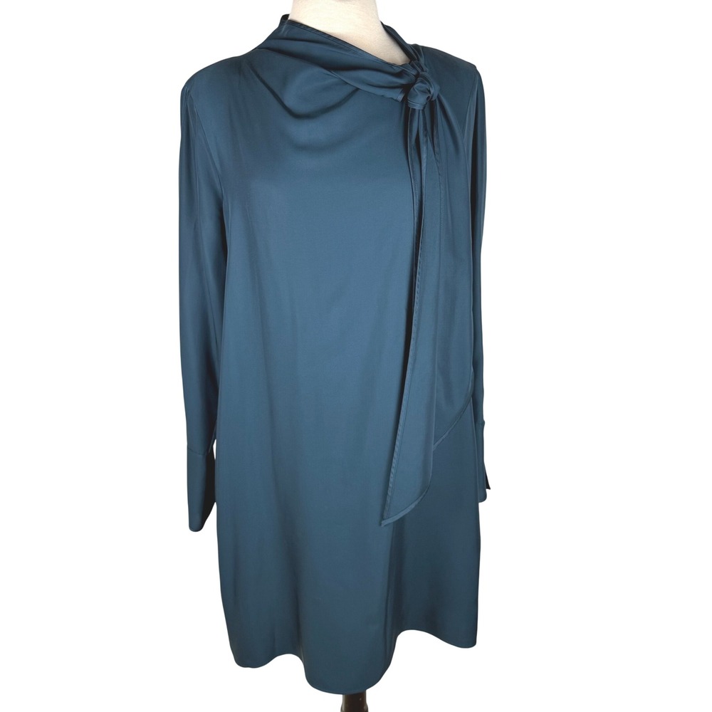 Reiss "Avery" Teal Green Tie Neck Long Sleeve Shift Dress - US Size 8/ UK 12 EUC